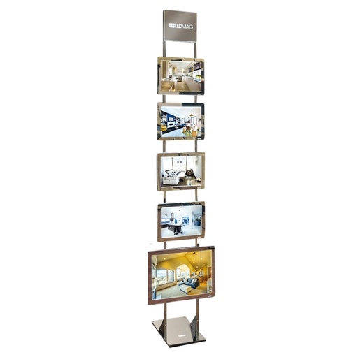 [D80427] ESPOSITORE LED da TERRA H200cm con 4 CORNICI A4 + 1 A3 ORIZ.Freestanding LEDMAG