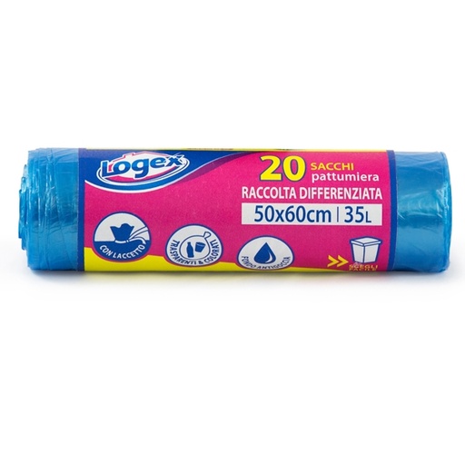[D82221] 20 Sacchetti immondizia 50x60cm 35Lt 9µ Azzurro trasp. Logex