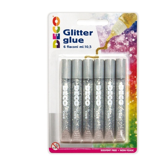 [D82426] Blister colla glitter 6 penne 10,5ml argento DECO