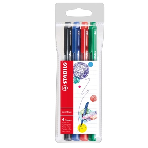 [D83068] Astuccio 4 pennarelli Point Max punta 0,8mm blu/nero/rosso/verde Stabilo