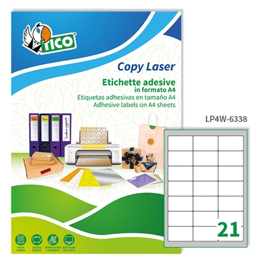 [D83228] Etichetta adesiva LP4W bianca 100fg A4 63,5x38,1mm (21et/fg) Laser Tico