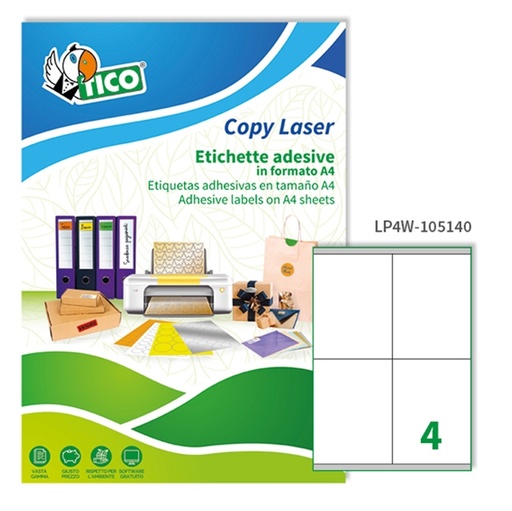 [D83244] Etichetta adesiva LP4W bianca 100fg A4 105x140mm (4et/fg) Laser Tico