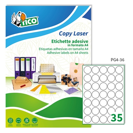 [D83255] Etichetta adesiva PG4 bianca lucida 100fg A4 tonda diam.36 (35et/fg) Tico