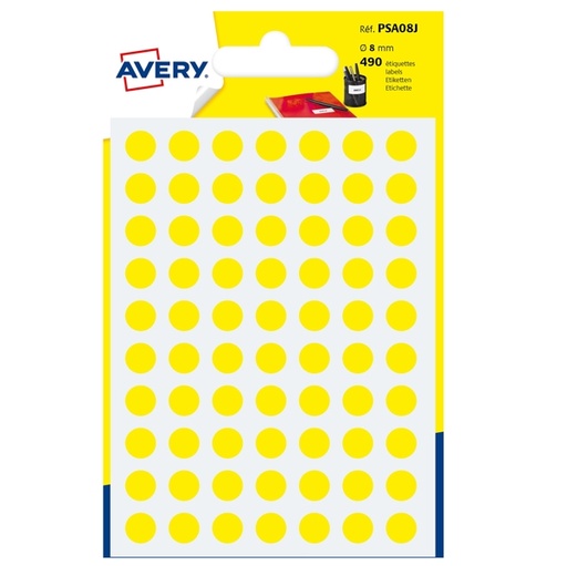 [D83405] Blister 490 etichetta adesiva tonda PSA giallo diam.8mm Avery