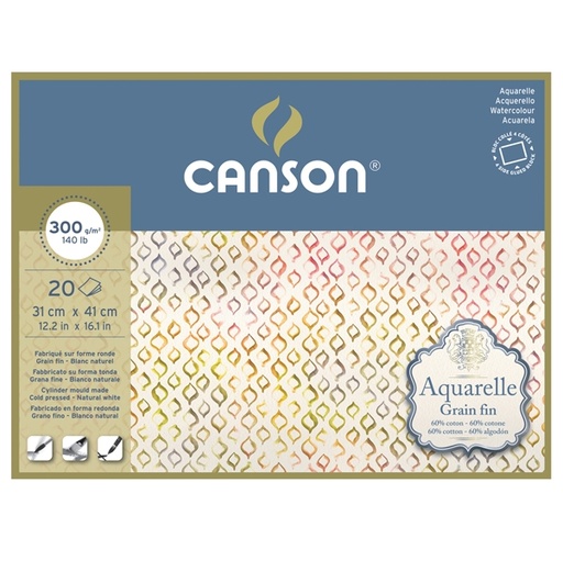 [D85634] Blocco collato 4 lati AQUARELLE 31x41 cm 20 fg. 300 gr. grana fine Canson