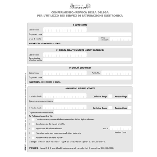[D85735] Modulo per conferimento/revoca deleghe fatt.elet. 29,7x21cm E0018 Edipro