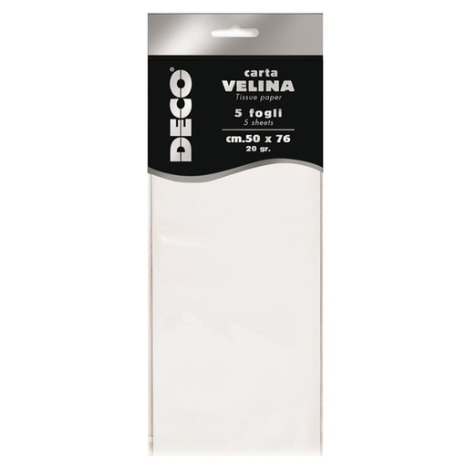 [D89114] Busta 5 fogli carta velina 20gr 50x76cm bianco DECO