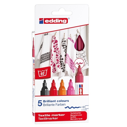 [D89134] Astuccio 5 colori caldi per tessuto punta 2,0-3,0mm Edding