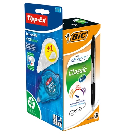 [D89194] Promo box 12 penne sfereBic Atlantis Classic nero + 1 correttore Tipp-ex+refill