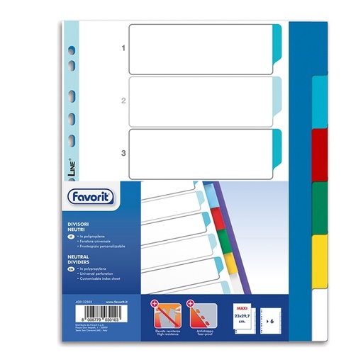 [D89339] Divisori neturi PP A4 maxi 6 tacche col. Ass. Favorit