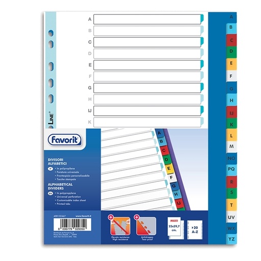 [D89345] Divisori alfabetici PP A4maxi 20 tacche col. Ass. Favorit