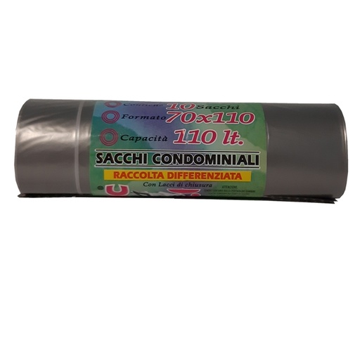 [D89612] Sacchi Grigio trasp. 70x110cm pz.10 110Lt 22µ Rolsac