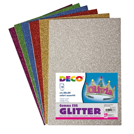 [D91563] Busta 10 fogli Gomma Crepp Glitter 20x30cm colori assortiti DECO