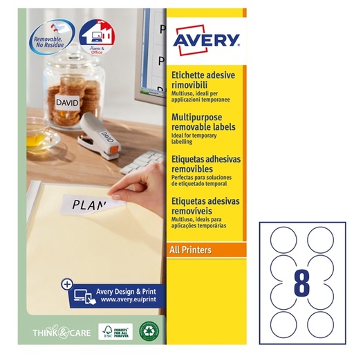 [D91779] Etichette adesive rotonde rimovibili diam.63,5mm (8et/fg) 25fg laser/inkjet Avery