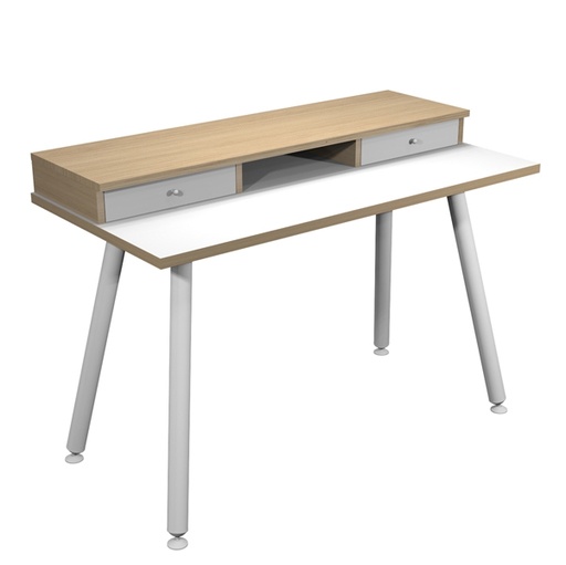 [D92387] Postazione Home-Office con sopralzo 120x60xH74,4cm gambe metallo Bianco/Rovere