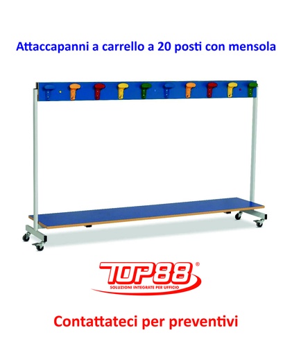 [170092] ATTACCAPANNI a CARRELLO 20 Posti con MENSOLA INFANZIA dim. 184x40x110h. vari colori
