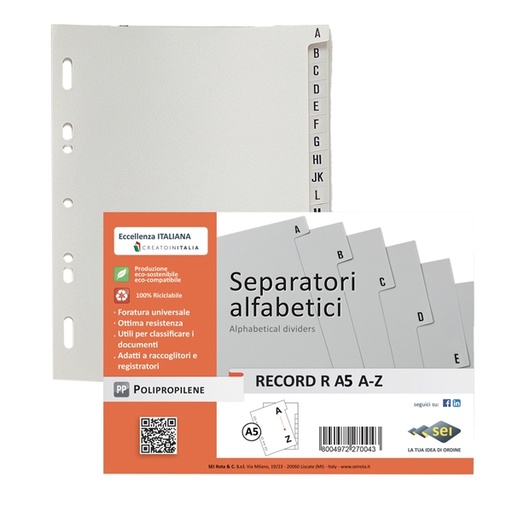 [D25662] SEPARATORE ALFABETICO A-Z PPL 15X21 RECORD RA5A-Z SEI ROTA