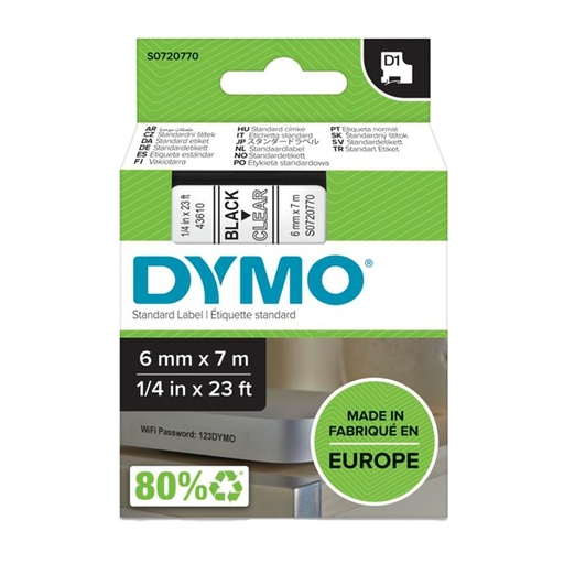 [D27839] NASTRO DYMO TIPO D1 (6MMX7MT) NERO/TRASPARENTE 436100