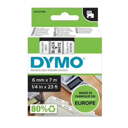 [D27843] NASTRO DYMO TIPO D1 (6MMX7MT) NERO/BIANCO 436130