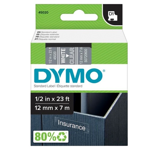 [D27871] NASTRO DYMO TIPO D1 (12MMX7M) BIANCO/TRASPARENTE 450200