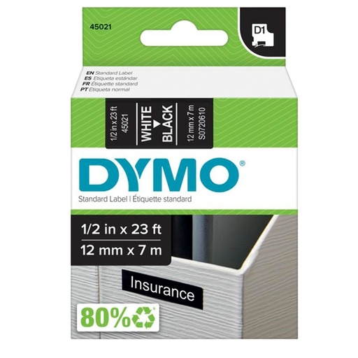 [D27872] NASTRO DYMO TIPO D1 (12MMX7M) BIANCO/NERO 450210