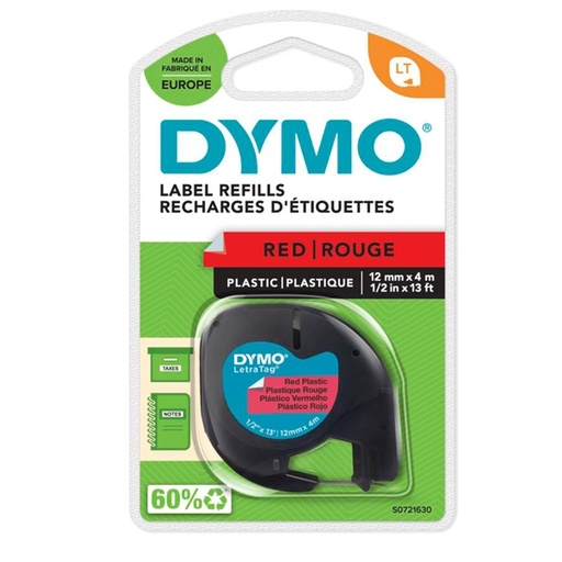 [D27938] NASTRO IN PLASTICA DYMO LETRATAG 12MMX4M ROSSO 912030