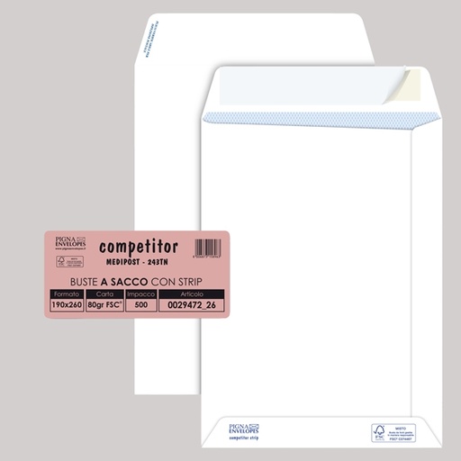 [D32082] 500 buste sacco COMPETITOR FSC(R) bianca strip adesivo 190x260mm 80gr Pigna