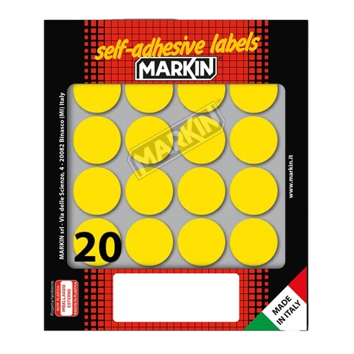 [D36385] Etichetta adesiva giallo tonda diam.27mm (10fogli x 20etichette) Markin