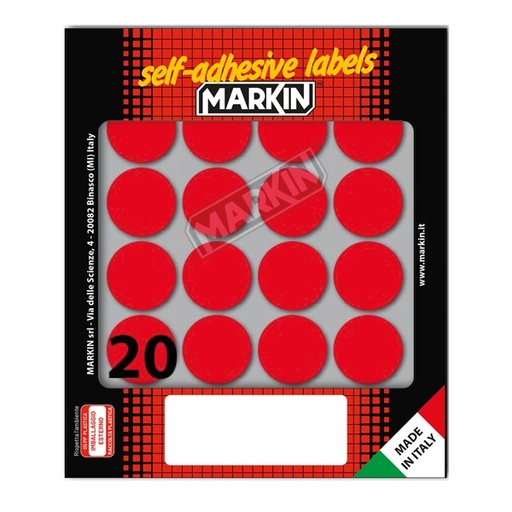 [D36388] Etichetta adesiva rosso tonda diam.27mm (10fogli x 20etichette) Markin