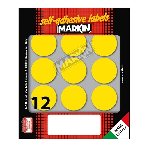 [D36617] Etichetta adesiva giallo tonda diam.34mm (10fogli x 12etichette) Markin