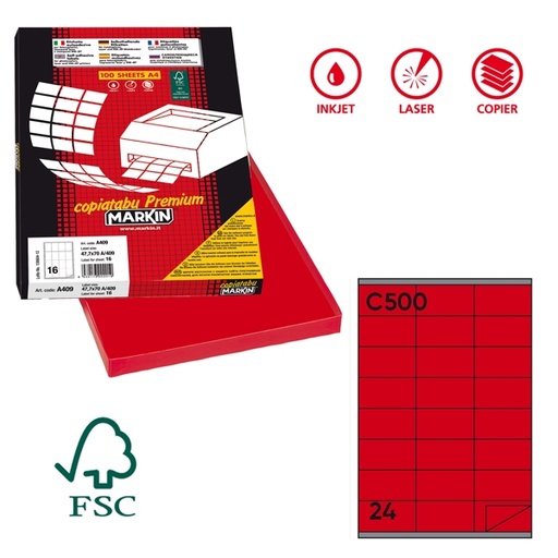 [D36904] Etichetta adesiva C/500 rosso 100fg A4 70x36mm (24et/fg) Markin