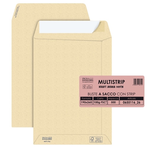 [D36986] 500 buste saccoMULTI STRIPavana carta ric. FSC(R)strip ades.190x260mm 100gr Pigna