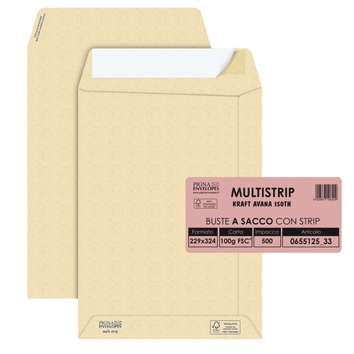 [D36987] 500 buste saccoMULTI STRIP avana carta ric.FSC(R)strip adesivo230x330mm 100g Pigna
