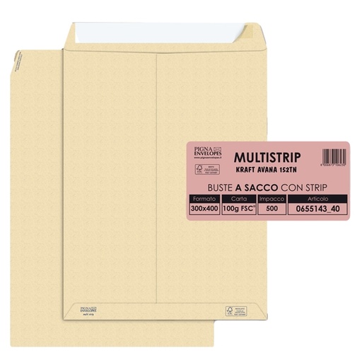 [D36988] 500 buste saccoMULTI STRIPavana carta ric.FSC(R) strip ades. 300x400mm 100gr Pigna