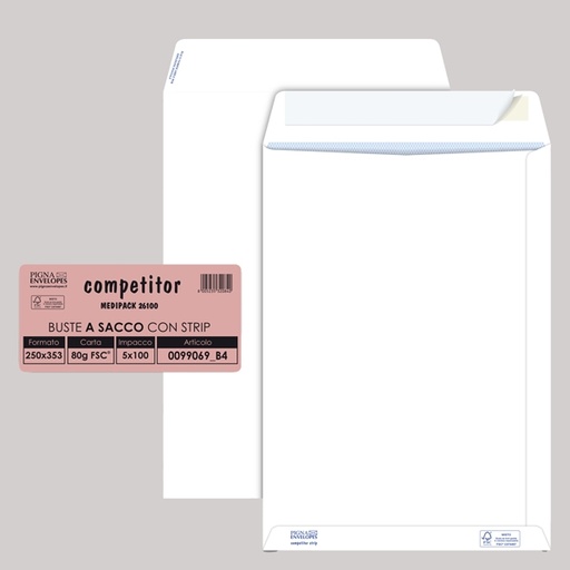 [D37307] 100 buste sacco COMPETITOR FSC(R) bianca strip adesivo 250x353mm 80gr Pigna