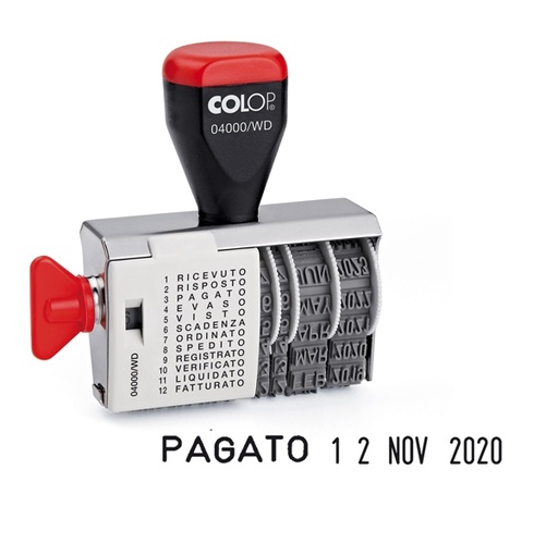 [D38138] Timbro DATARIO + POLINOMIO 04000WD 12 diciture 4mm COLOP