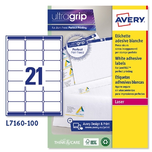 [D45178] Etichetta adesiva L7160 bianca 100fg A4 63,5x38,1mm (21et/fg) Avery