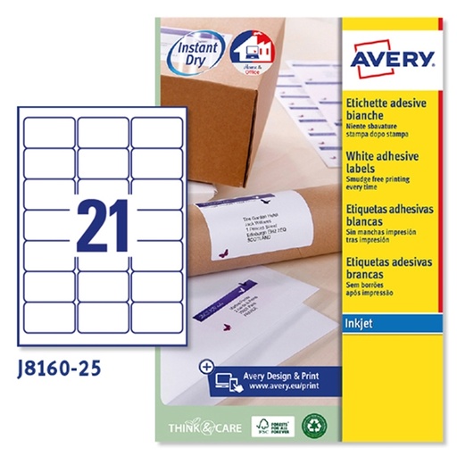 [D45189] Etichetta adesiva J8160 bianca 25fg A4 63,5x38,1mm (21et/fg) inkjet Avery