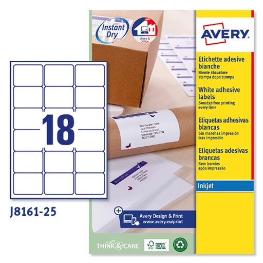 [D45190] Etichetta adesiva J8161 bianca 25fg A4 63,5x46,6 (18et/fg) inkjet Avery
