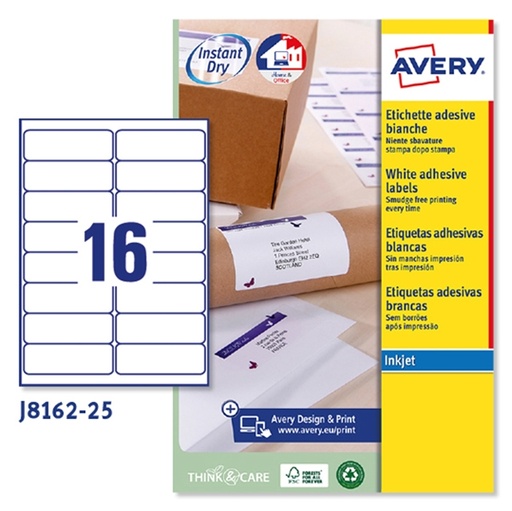 [D45191] Etichetta adesiva J8162 bianca 25fg A4 99,1x33,9mm (16et/fg) inkjet Avery
