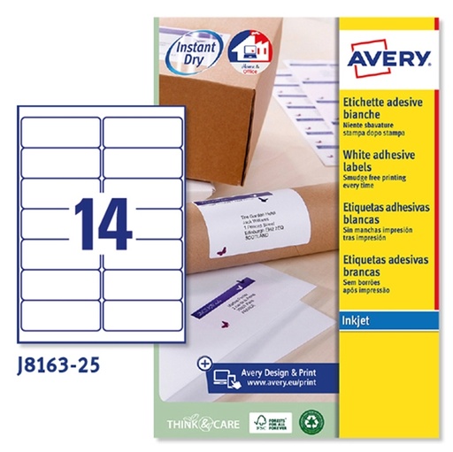 [D45192] Etichetta adesiva J8163 bianca 25fg A4 99,1x38,1mm (14et/fg) inkjet Avery