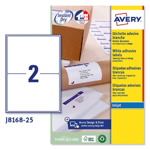 [D45196] Etichetta adesiva J8168 bianca 25fg A4 199,6x143,5mm (2et/fg) inkjet Avery