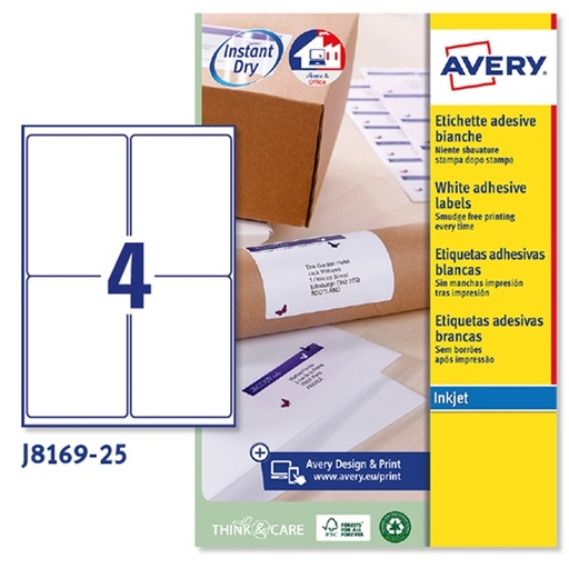 [D45197] Etichetta adesiva J8169 bianca 25fg A4 99,1x139mm (4et/fg) inkjet Avery
