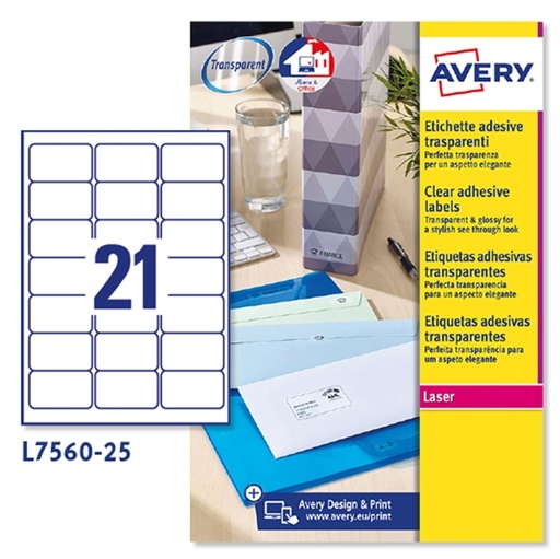 [D45199] Poliestere adesivo L7560 trasparente 25fg A4 63,5x38,1mm (21et/fg) laser Avery