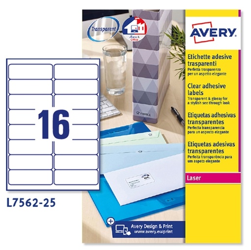 [D45200] Poliestere adesivo L7562 trasparente 25fg A4 99,1x34mm (16et/fg) laser Avery