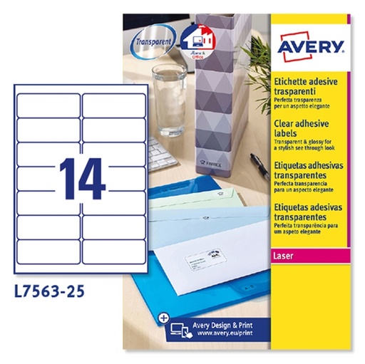 [D45201] Poliestere adesivo L7563 trasparente 25fg A4 99,1x38,1mm (14et/fg) laser Avery