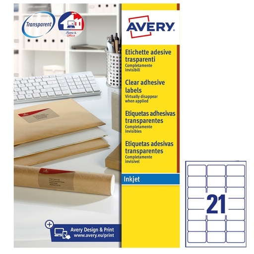 [D45203] Poliestere adesivo J8560 trasparente 25fg A4 63,5x38,1mm (21et/fg) inkjet Avery