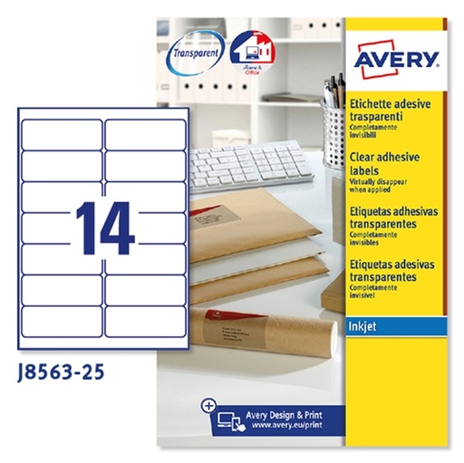 [D45205] Poliestere adesivo J8563 trasparente 25fg A4 99,1X38,1 (14et/fg) Inkjet Avery