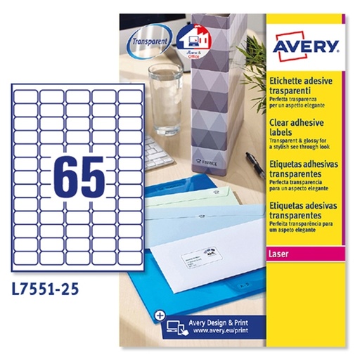 [D45209] Poliestere adesivo L7551 trasparente 25fg A4 38,1X21,2mm (65et/fg) laser Avery