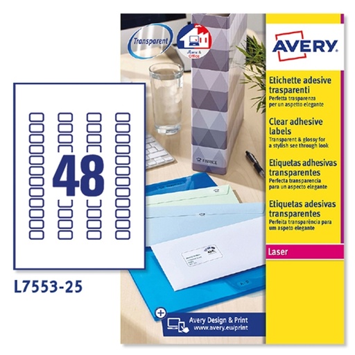 [D45210] Poliestere adesivo L7553 trasparente 25fg A4 22x12,7mm (48et/fg) laser Avery